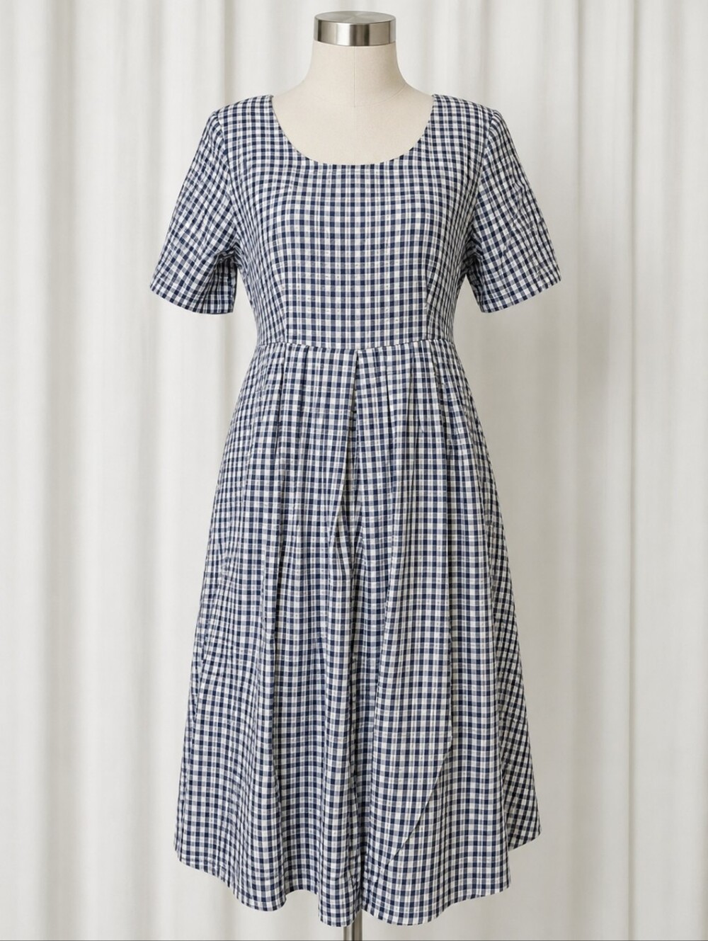 Vintage Great Times Blue Gingham Pleated Tie Back Cottagecore Midi Prairie Dress